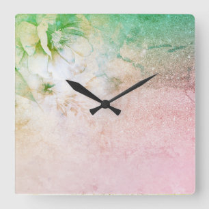 *~* Watercolor Floral Peach Pink Glitter Celestial Square Wall Clock