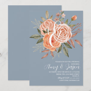 Watercolor Floral Peach Roses  Dusty Blue Wedding  Invitation