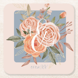 Watercolor Floral Peach Roses Dusty Pink Gold Square Paper Coaster