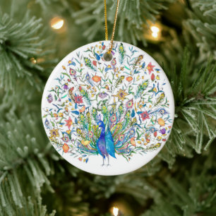Watercolor floral peacock ceramic tree decoration
