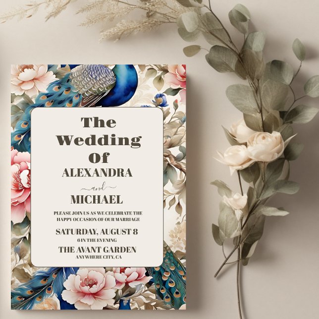 Watercolor Floral Peacock Chinoiserie Wedding Invitation (Creator Uploaded)