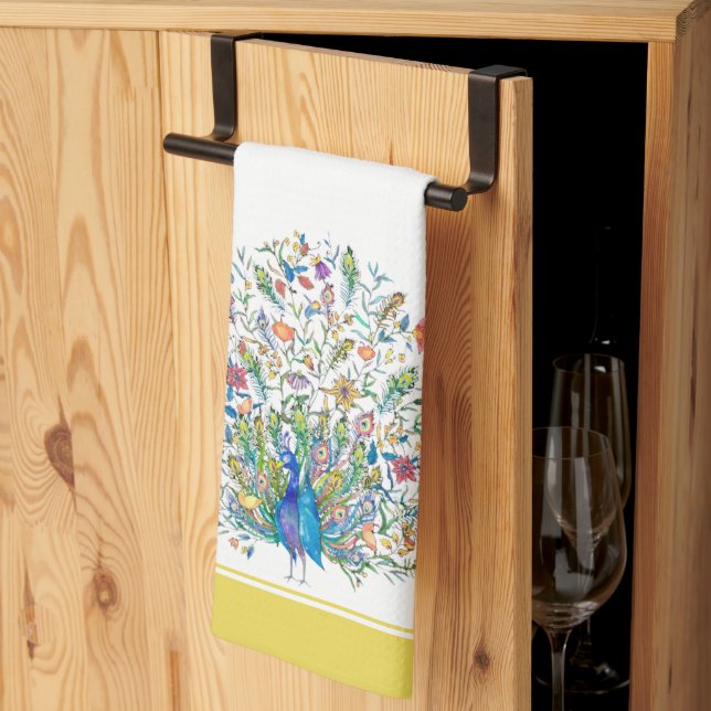 Watercolor floral peacock  kitchen towel (Thirds Fold)