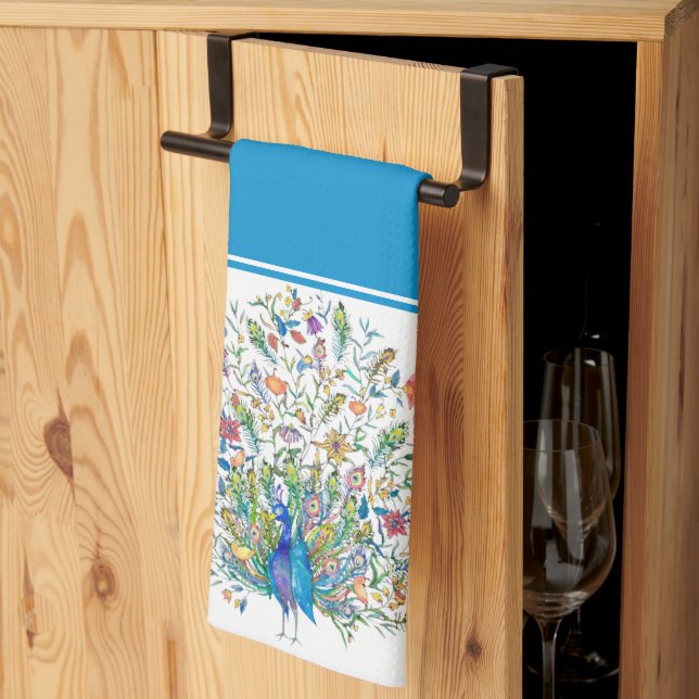 Watercolor floral peacock  kitchen towel (Thirds Fold)