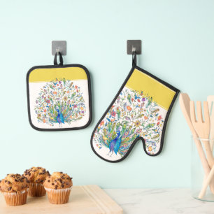 Watercolor floral peacock kitchen towel oven mitt & pot holder set