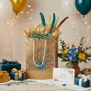 Watercolor floral peacock medium gift bag