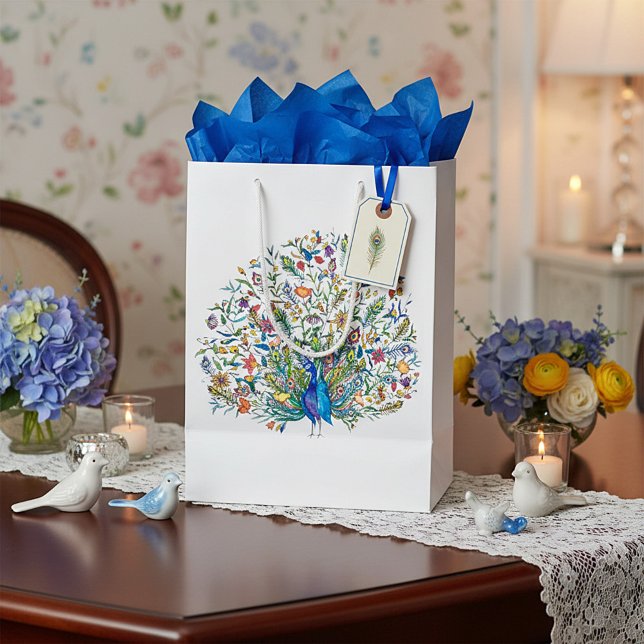 Watercolor floral peacock  medium gift bag (Creator Uploaded)