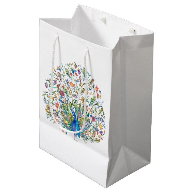 Watercolor floral peacock  medium gift bag (Front Angled)