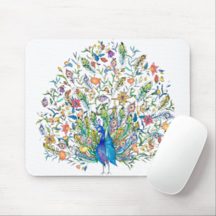 Watercolor floral peacock mouse mat