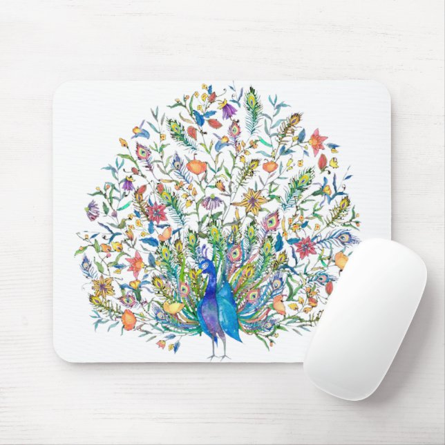 Watercolor floral peacock  mouse mat (With Mouse)