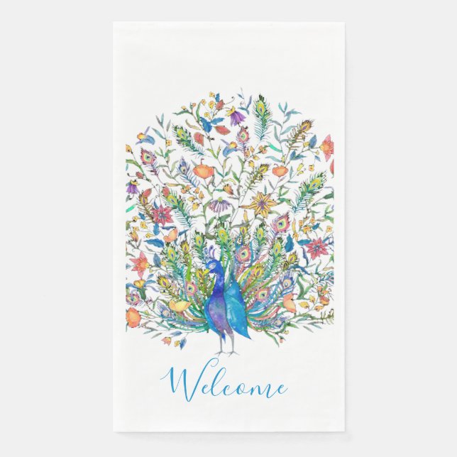 Watercolor floral peacock  napkin (Front)