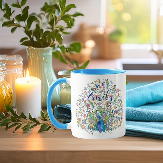Watercolor floral peacock personalised coffee mug (Creator Uploaded)