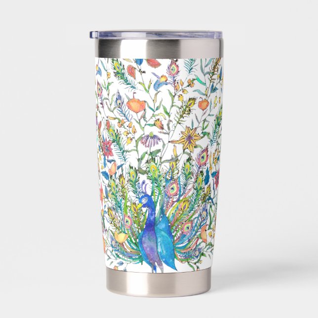 Watercolor floral peacock personalised insulated tumbler (Right)