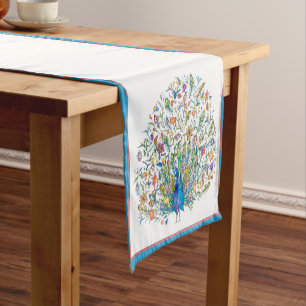 Watercolor floral peacock postcard short table run runner