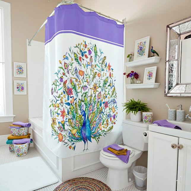 Watercolor floral peacock  shower curtain (Creator Uploaded)