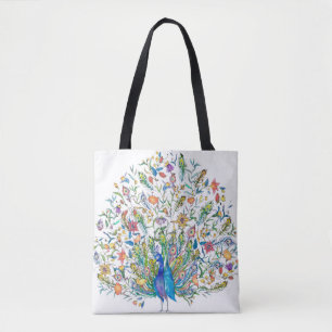 Watercolor floral peacock  tote bag