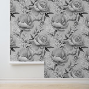 Watercolor Floral Peonies Babies Breath Grey Wallpaper