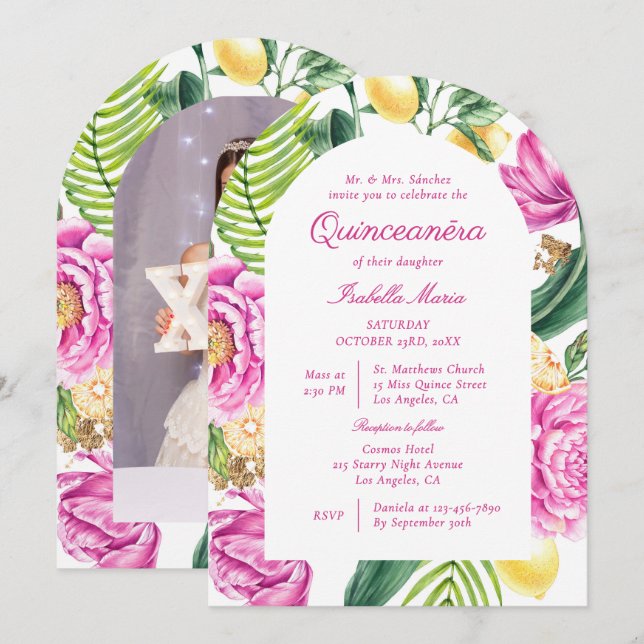 Watercolor Floral Peonies Custom Photo Quinceañera Invitation (Front/Back)