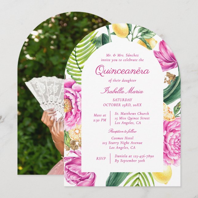 Watercolor Floral Peonies Lemon Photo Quinceañera Invitation (Front/Back)