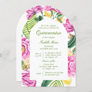 Watercolor Floral Peonies QR Code Quinceañera Invitation