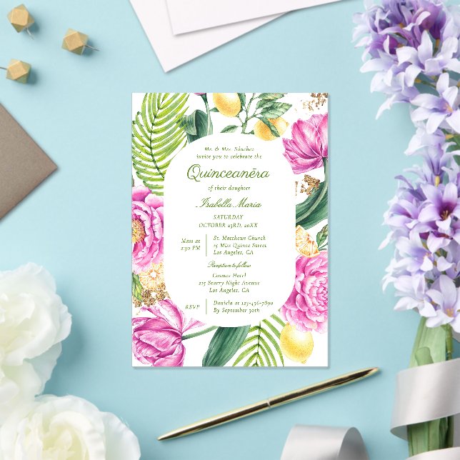 Watercolor Floral Peonies Tulips Lemon Quinceañera Acrylic Invitations (Insitu (Wedding))