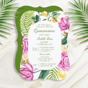Watercolor Floral Peonies Tulips Lemon Quinceañera Invitation