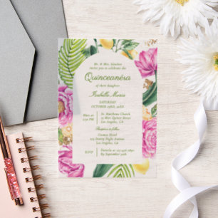 Watercolor Floral Peonies Tulips Lemon Quinceañera Vellum Invitations