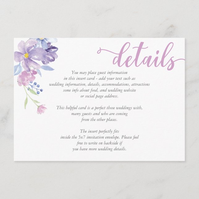 Watercolor Floral Peony  Wedding DETAILS Card (Front)