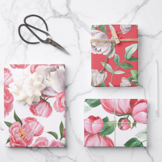 Watercolor Floral Peony  Wrapping Paper Sheet (Front)