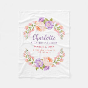Watercolor Floral Personalised Baby Birth Stats Fleece Blanket