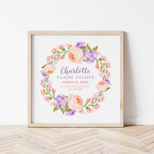 Watercolor Floral Personalised Baby Birth Stats Poster