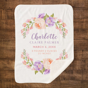 Watercolor Floral Personalised Baby Birth Stats Sherpa Blanket