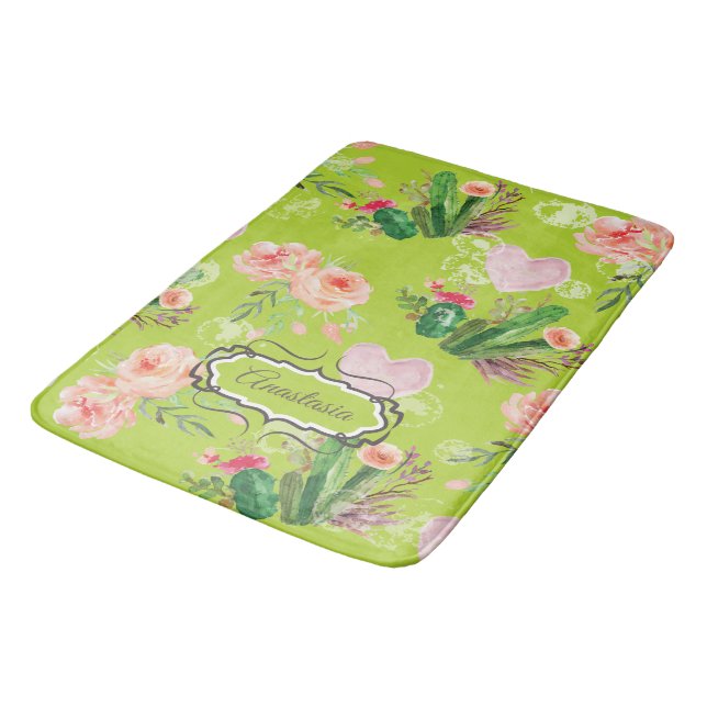 Watercolor Floral Personalised Cactus Bath Mat (Angled)