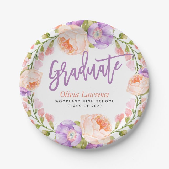 Watercolor Floral Personalised Graduation Party Paper Plate (Front)