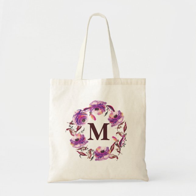 Watercolor Floral Personalised Monogram Canvas Bag (Front)