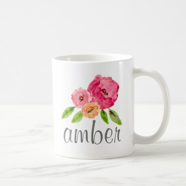 Watercolor Floral Personalised Name Girly Monogram Coffee Mug (Right)