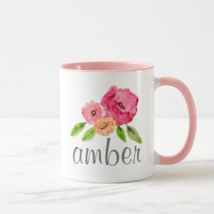 Watercolor Floral Personalised Name Girly Monogram Mug