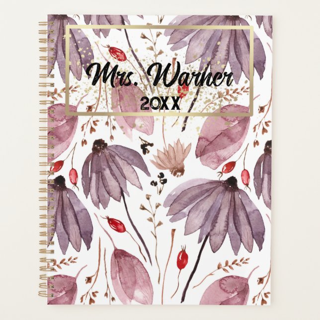 Watercolor Floral Personalised Teacher Gift Boho Planner (Front)