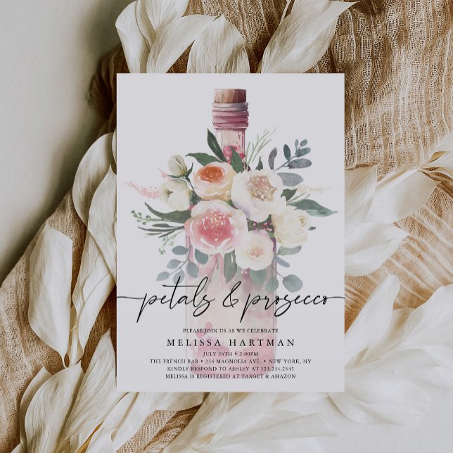 Watercolor Floral Petals & Prosecco Bridal Shower Invitation (Creator Uploaded)