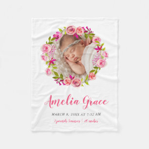 Watercolor Floral Photo Baby Birth Stats Fleece Blanket