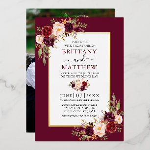 Watercolor Floral Photo Burgundy Wedding Gold