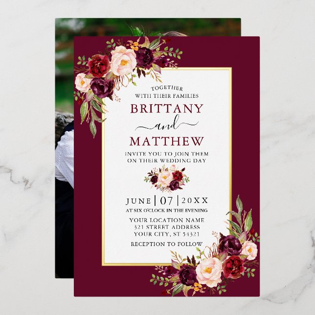Watercolor Floral Photo Burgundy Wedding Gold (Front/Back)