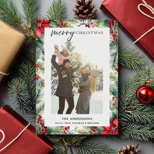 Watercolor Floral Photo Christmas Holiday Card