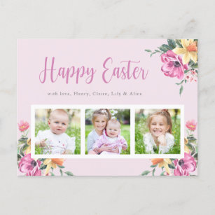 Watercolor Floral Photo Collage Happy Easter Postcard