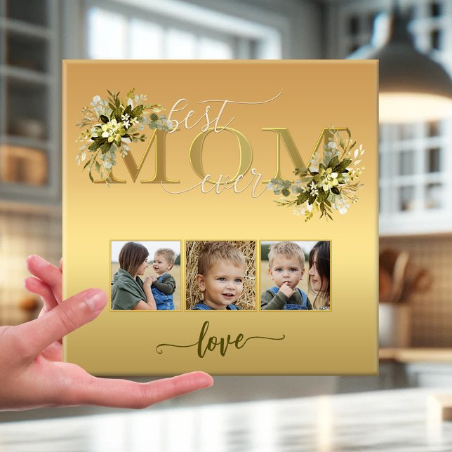 Watercolor Floral Photo Collage Mum Tile (Elegant Mom love photo template tile with watercolor flowers on gold - script - Mother's Day)