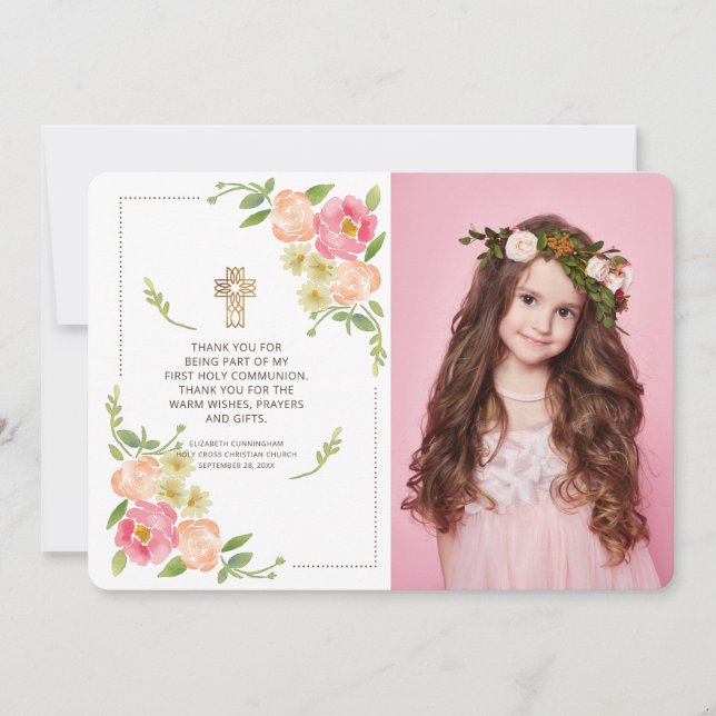 Watercolor Floral Photo Cross Communion Thank You (Front)