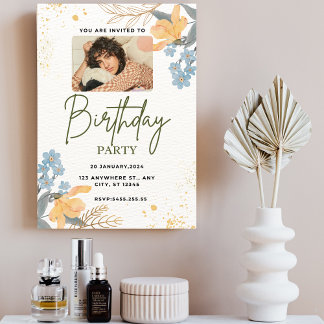 watercolor floral photo cute birthday invitations