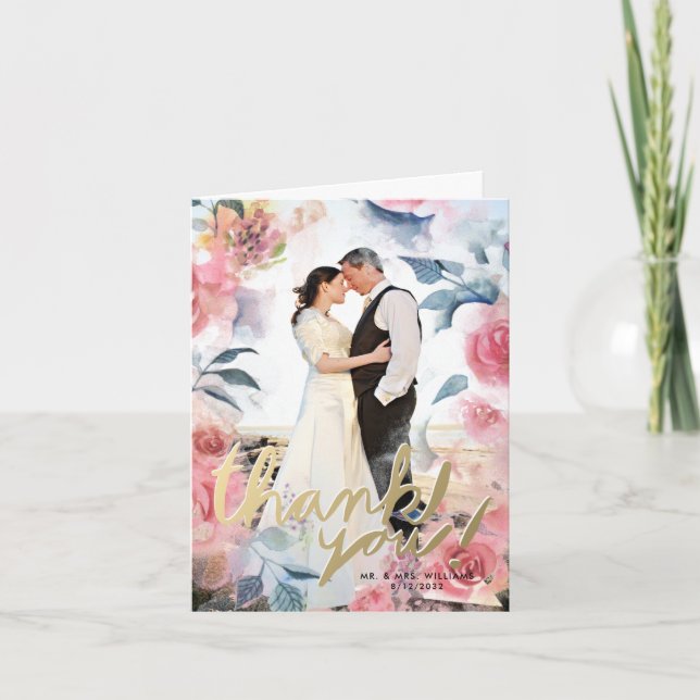 Watercolor Floral Photo Faux Gold Thank You Card (Front)