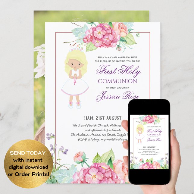 Watercolor Floral PHOTO First Communion Invitation (Creator Uploaded)