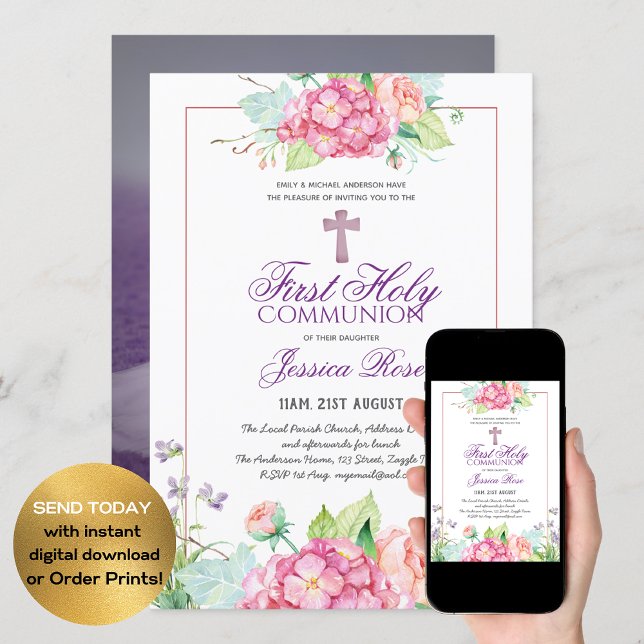 Watercolor Floral PHOTO First Communion Invitation (Creator Uploaded)