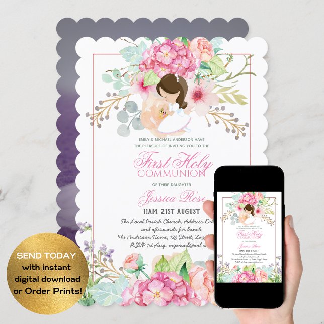 Watercolor Floral PHOTO First Communion Invitation (Creator Uploaded)